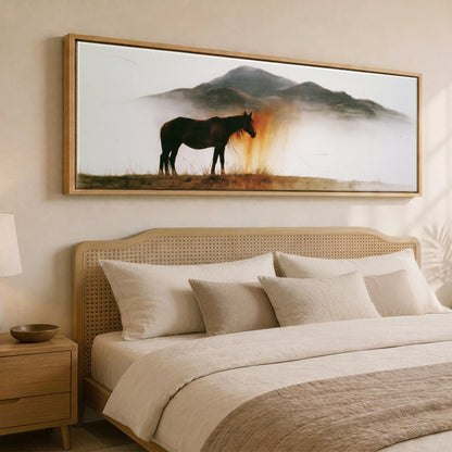 Ethereal Amber Mist Horse Landscape panoramic canvas wall art displayed above a bed