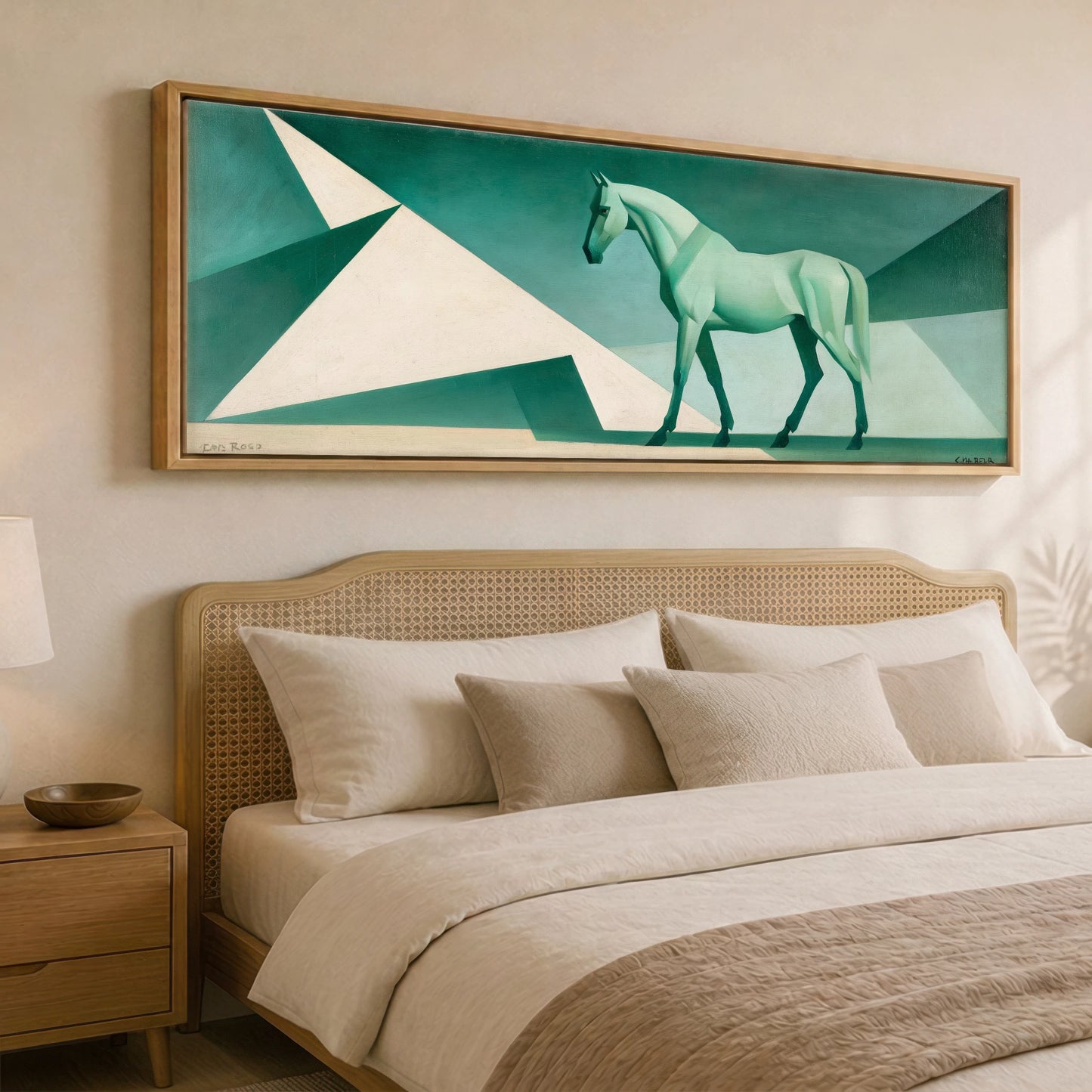 Geometric Green Striding Horse Horse Landscape panoramic canvas wall art displayed above a bed