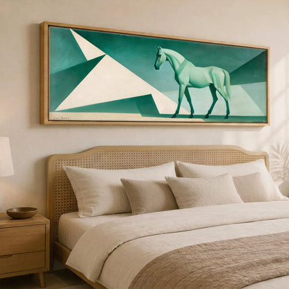 Geometric Green Striding Horse Horse Landscape panoramic canvas wall art displayed above a bed