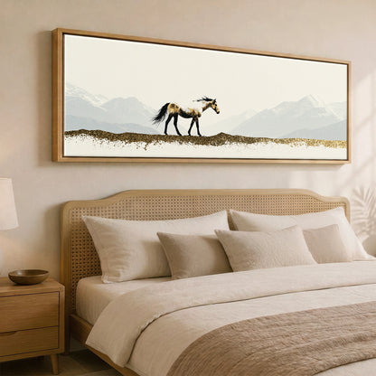 Gilded Alpine Wanderer Horse Landscape panoramic canvas wall art displayed above a bed