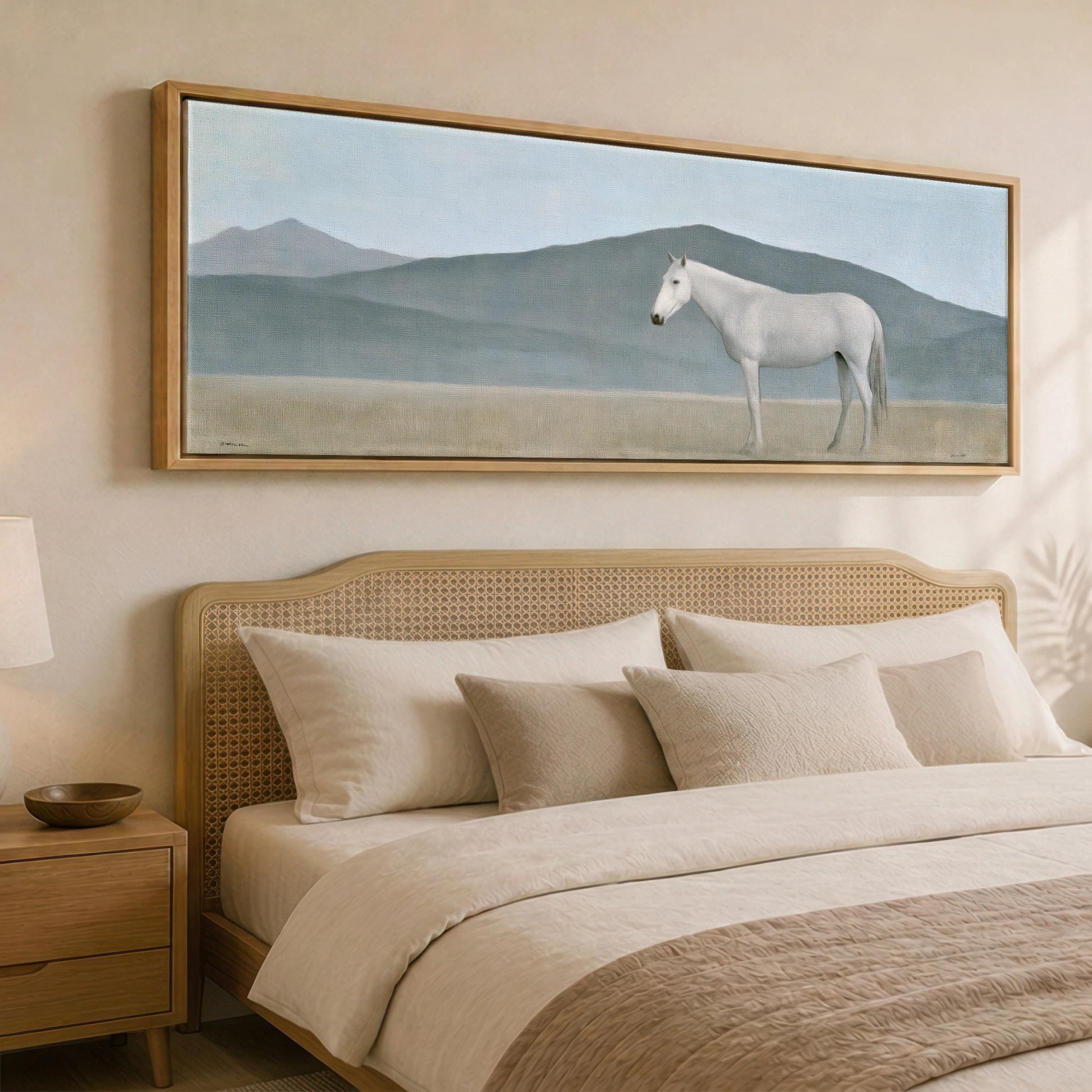Stoic Grey in Slate Horse Landscape panoramic canvas wall art displayed above a bed