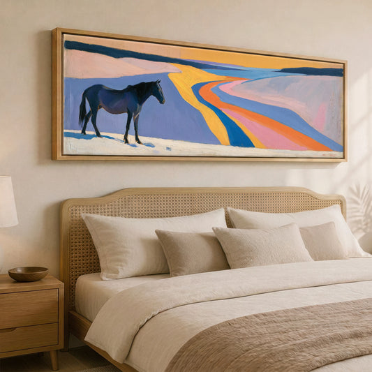 The Painted Valley Horse Landscape panoramic canvas wall art displayed above a bed