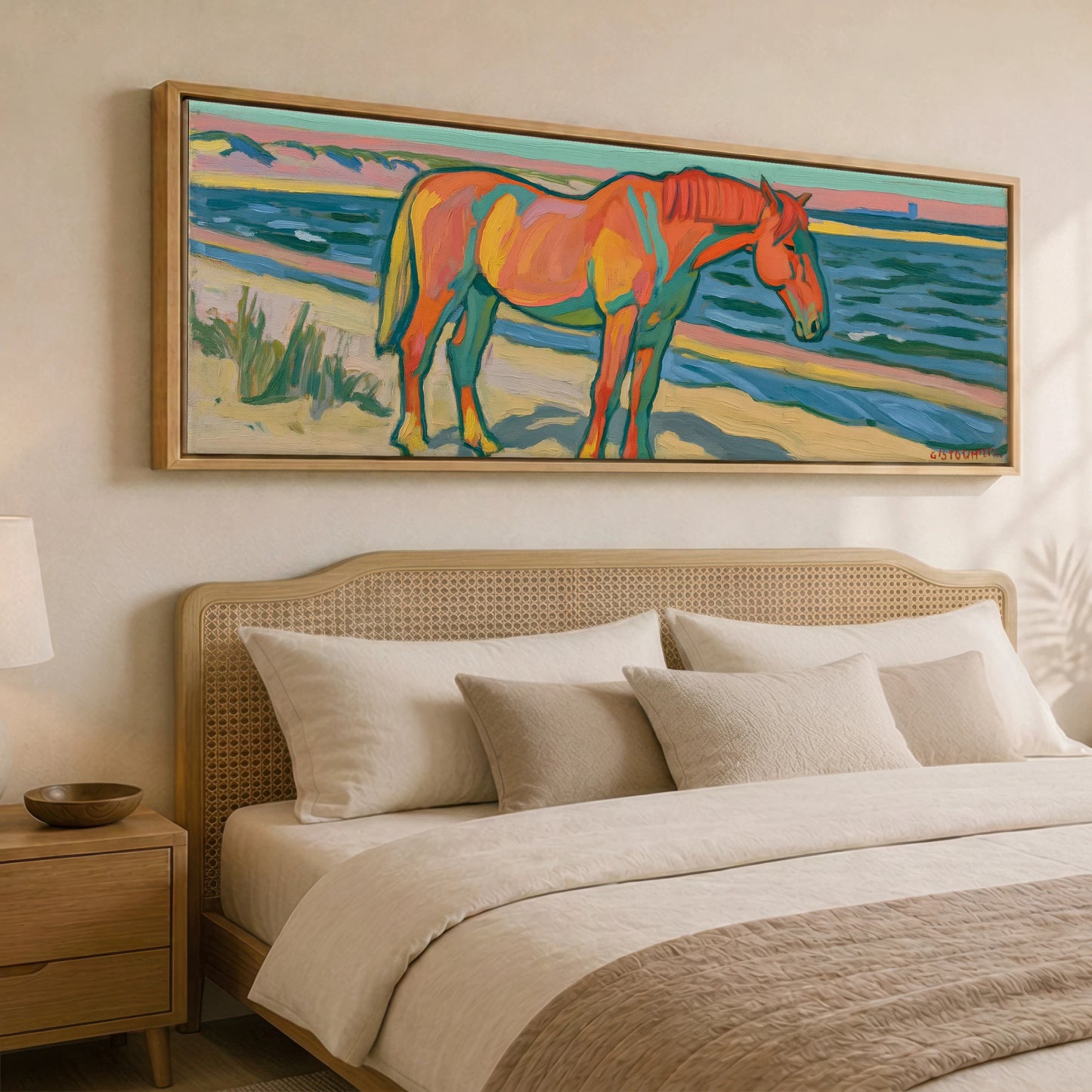 Vibrant Coastal Equine Horse Landscape panoramic canvas wall art displayed above a bed