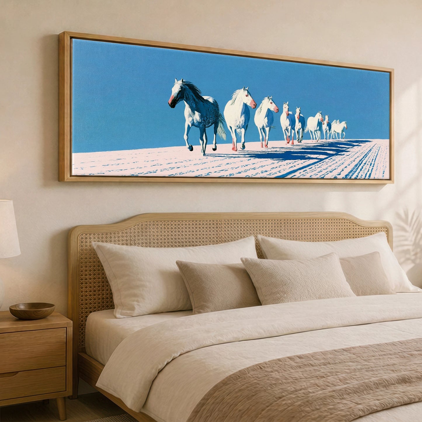 Azure Winter Gallop Horse Landscape panoramic canvas wall art displayed above a bed