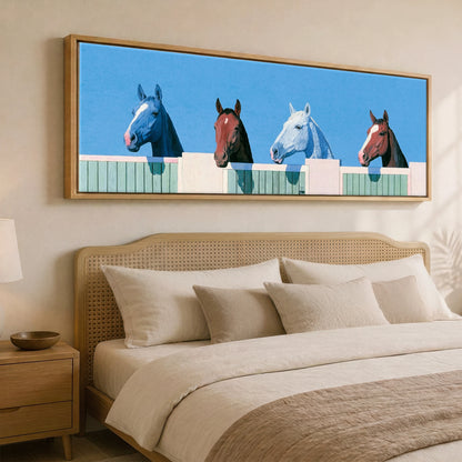 The Morning Line-Up Horse Stable panoramic canvas wall art displayed above a bed