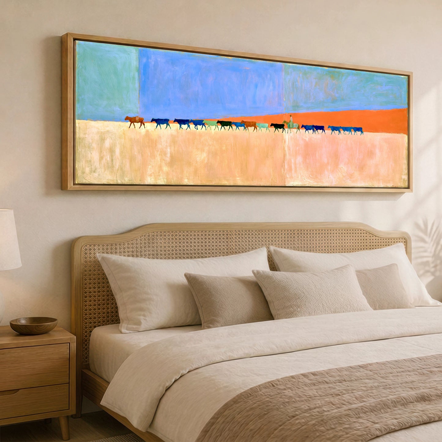 Painted Desert Drive Western Horse panoramic canvas wall art displayed above a bed