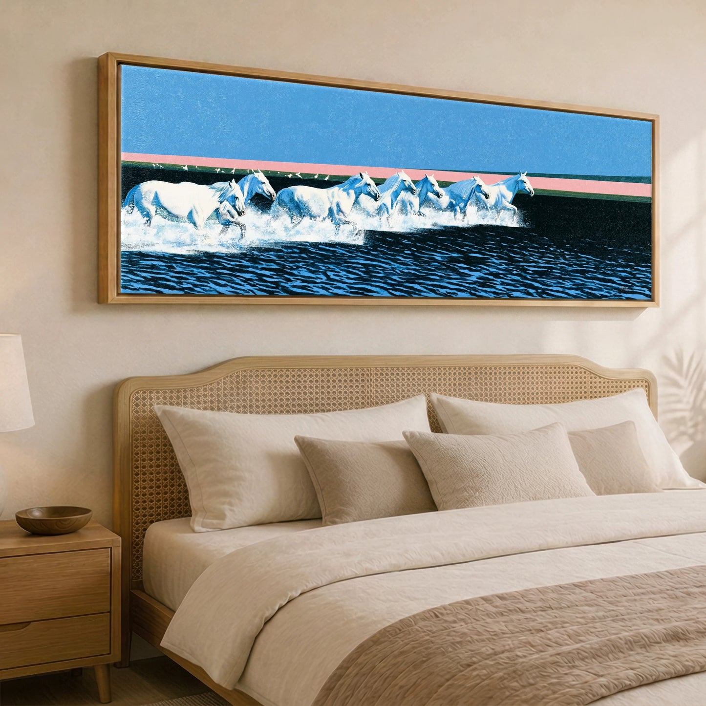 Azure Coastal Gallop Horse Landscape panoramic canvas wall art displayed above a bed