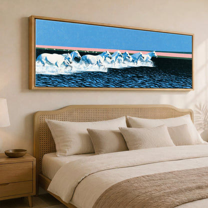 Azure Coastal Gallop Horse Landscape panoramic canvas wall art displayed above a bed