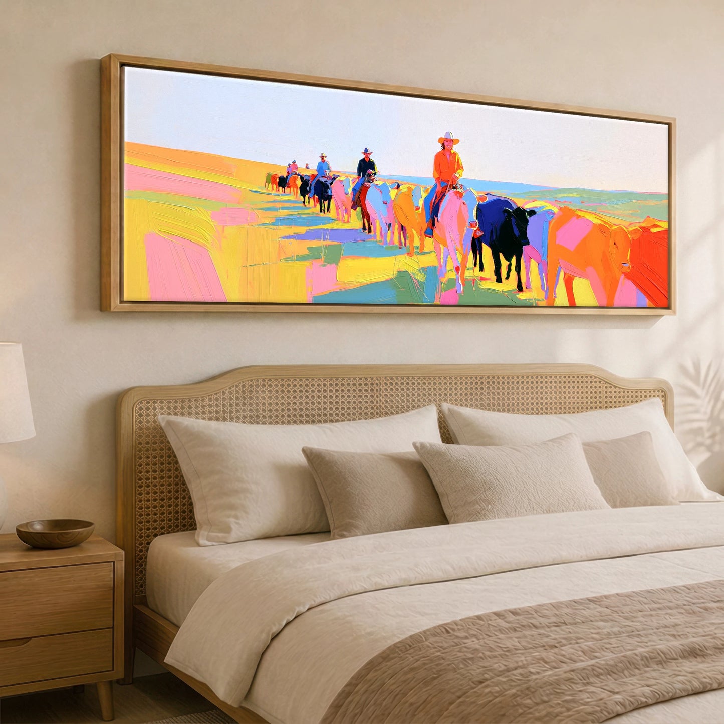 Painted Western Range Western Horse panoramic canvas wall art displayed above a bed