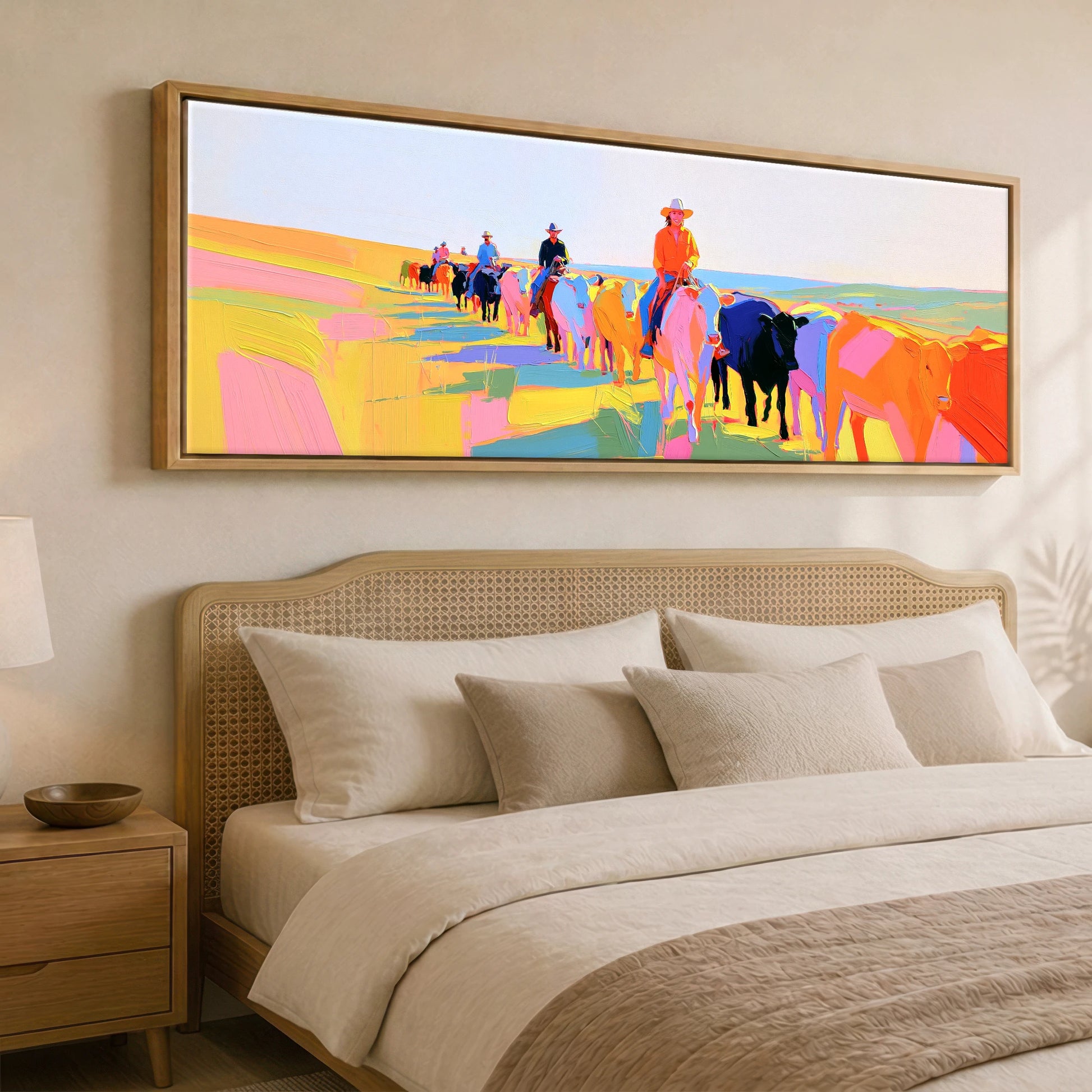Painted Western Range Western Horse panoramic canvas wall art displayed above a bed