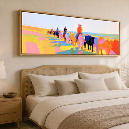 Painted Western Range Western Horse panoramic canvas wall art displayed above a bed