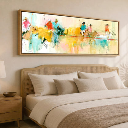 The Final Chukka Polo Horse panoramic canvas wall art displayed above a bed