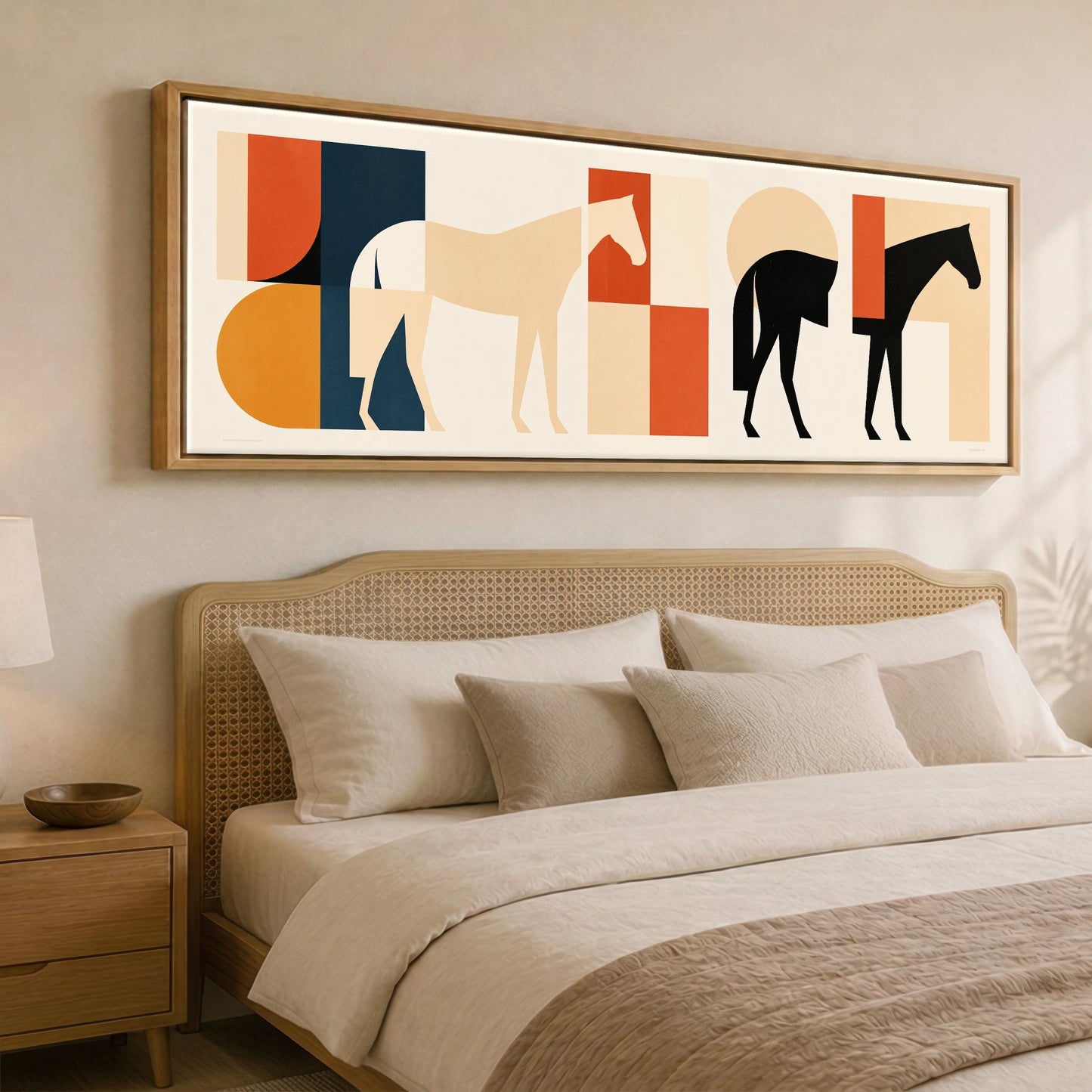 Abstract Equine Geometry Horse Landscape panoramic canvas wall art displayed above a bed
