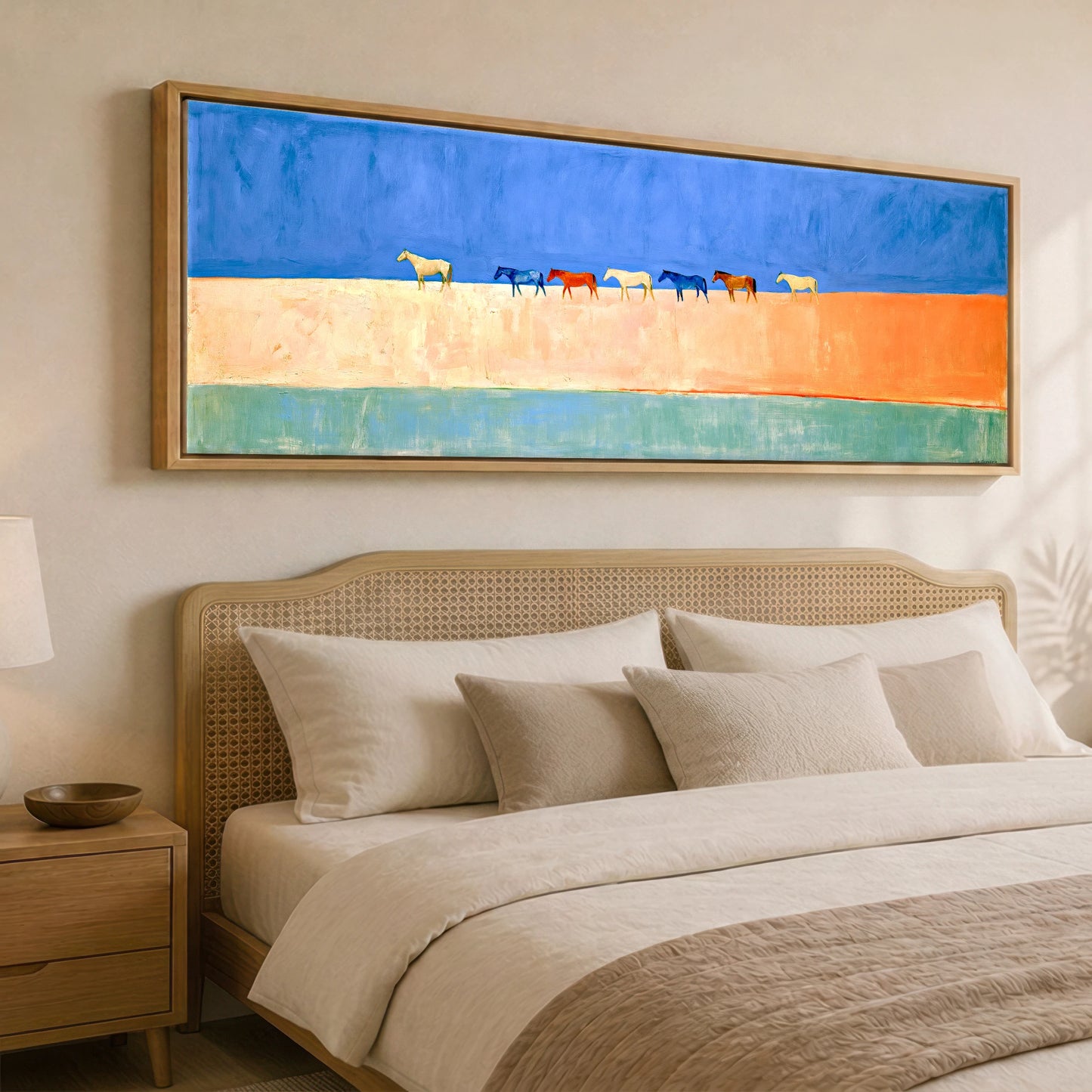 Nomads of the Horizon Wild Horses panoramic canvas wall art displayed above a bed