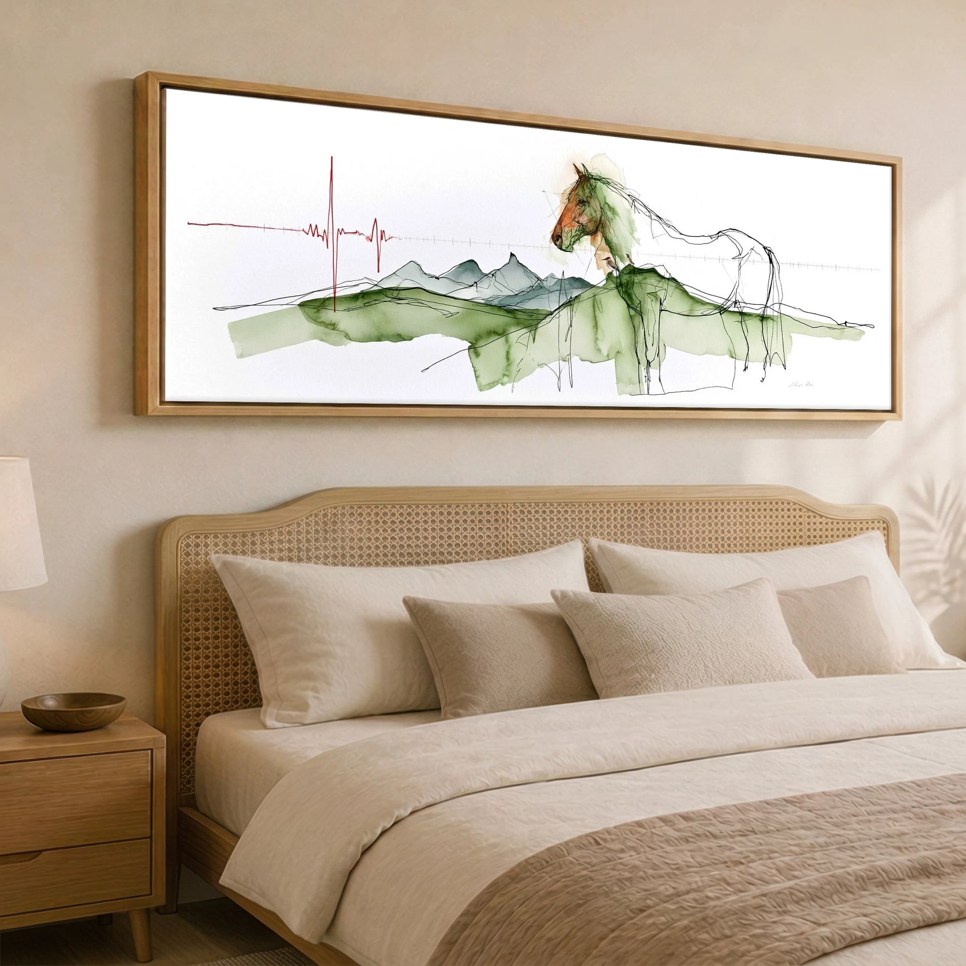 Rhythm of the Land Horse Landscape panoramic canvas wall art displayed above a bed