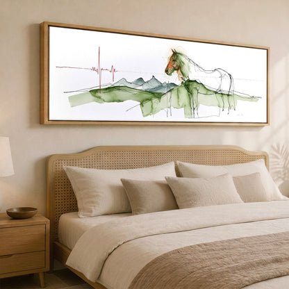 Rhythm of the Land Horse Landscape panoramic canvas wall art displayed above a bed