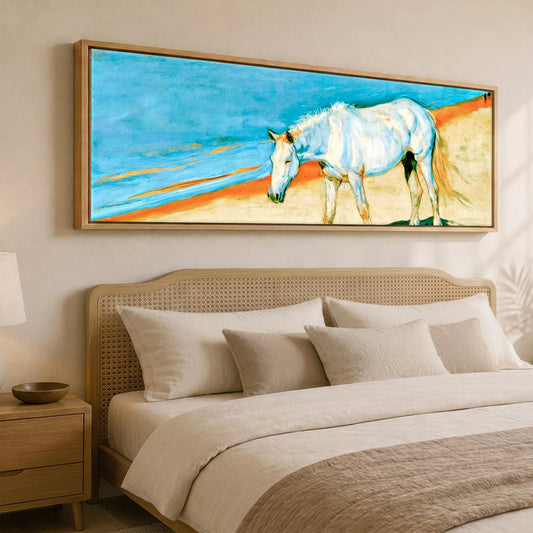 Cerulean Coastline Horse Landscape panoramic canvas wall art displayed above a bed