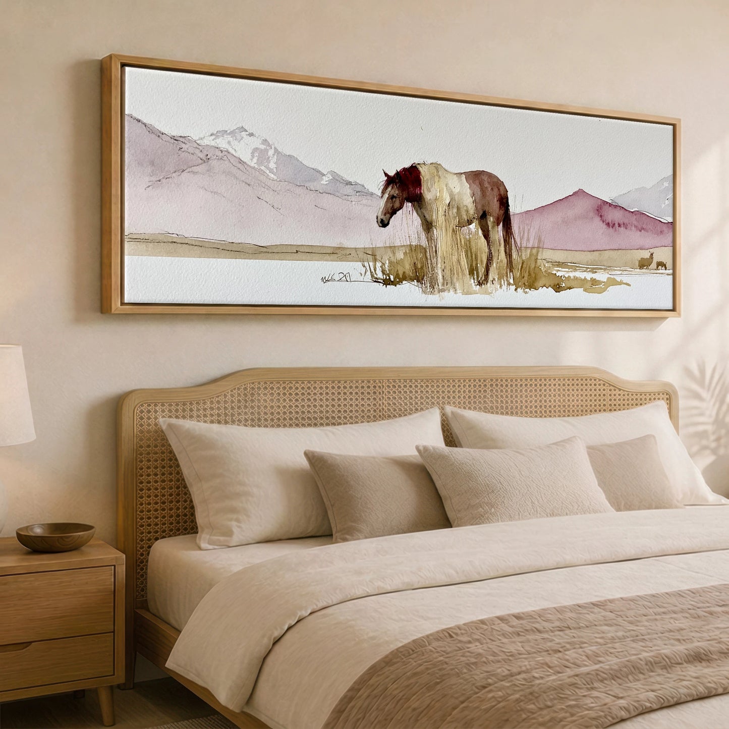 Quiet of the Range Horse Landscape panoramic canvas wall art displayed above a bed