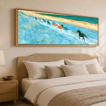 Azure Surf Gallop Beach Horse panoramic canvas wall art displayed above a bed