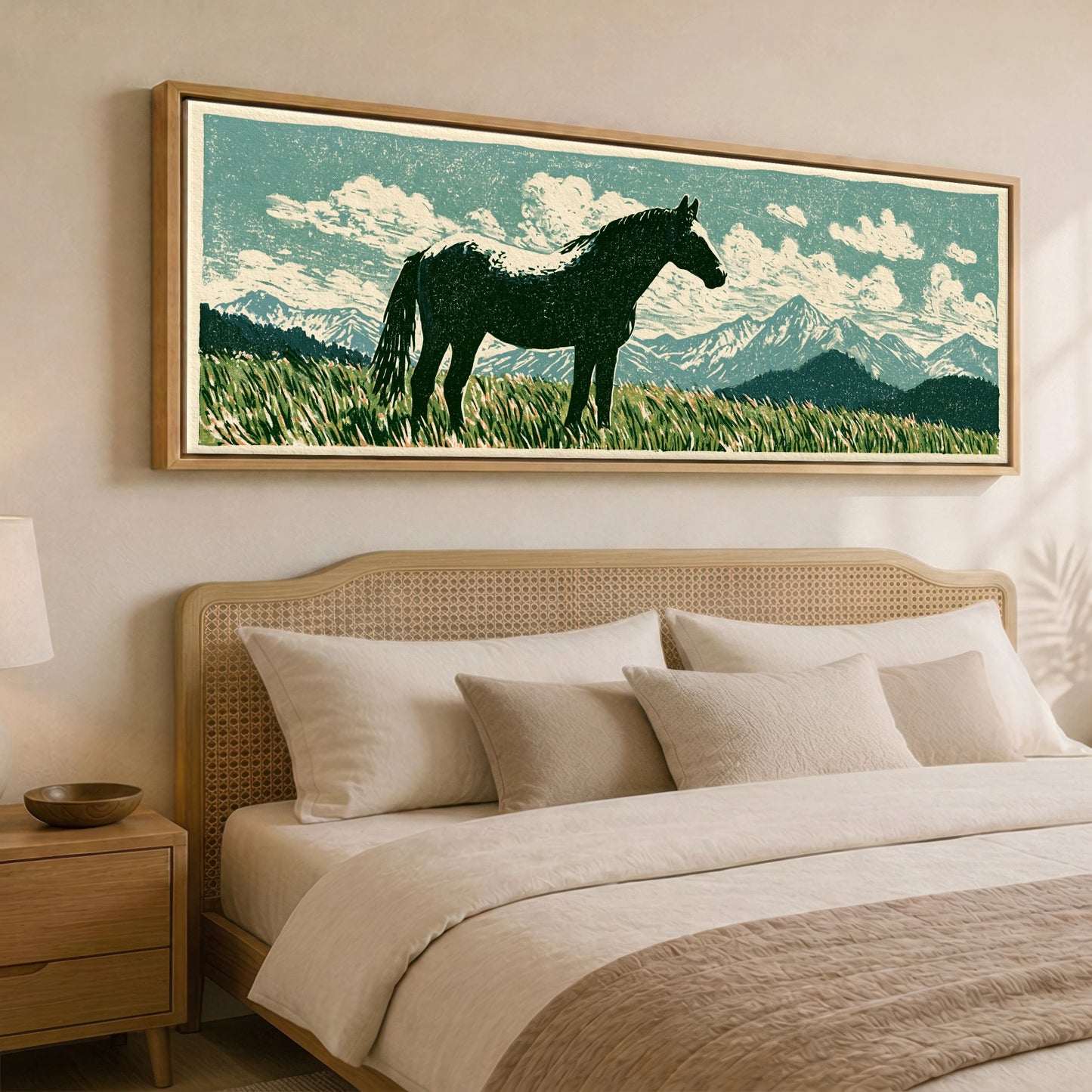 Rustic Range Silhouette Horse Landscape panoramic canvas wall art displayed above a bed