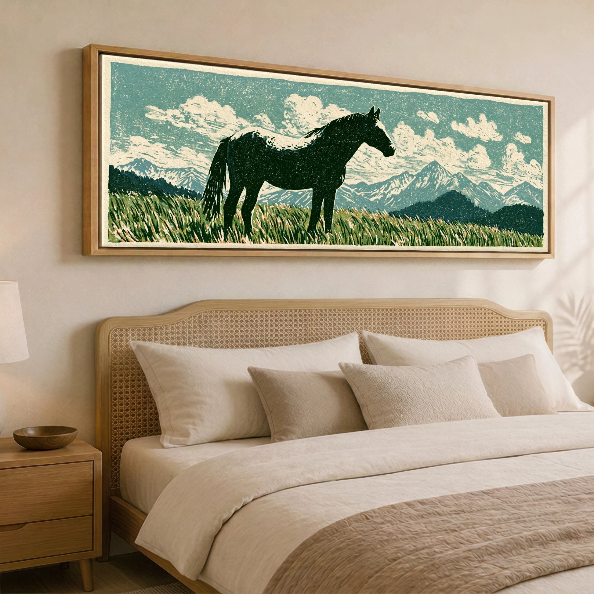 Rustic Range Silhouette Horse Landscape panoramic canvas wall art displayed above a bed