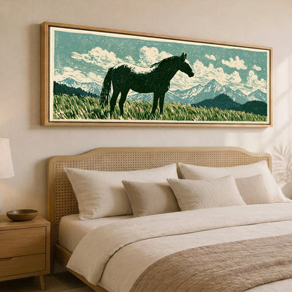 Rustic Range Silhouette Horse Landscape panoramic canvas wall art displayed above a bed
