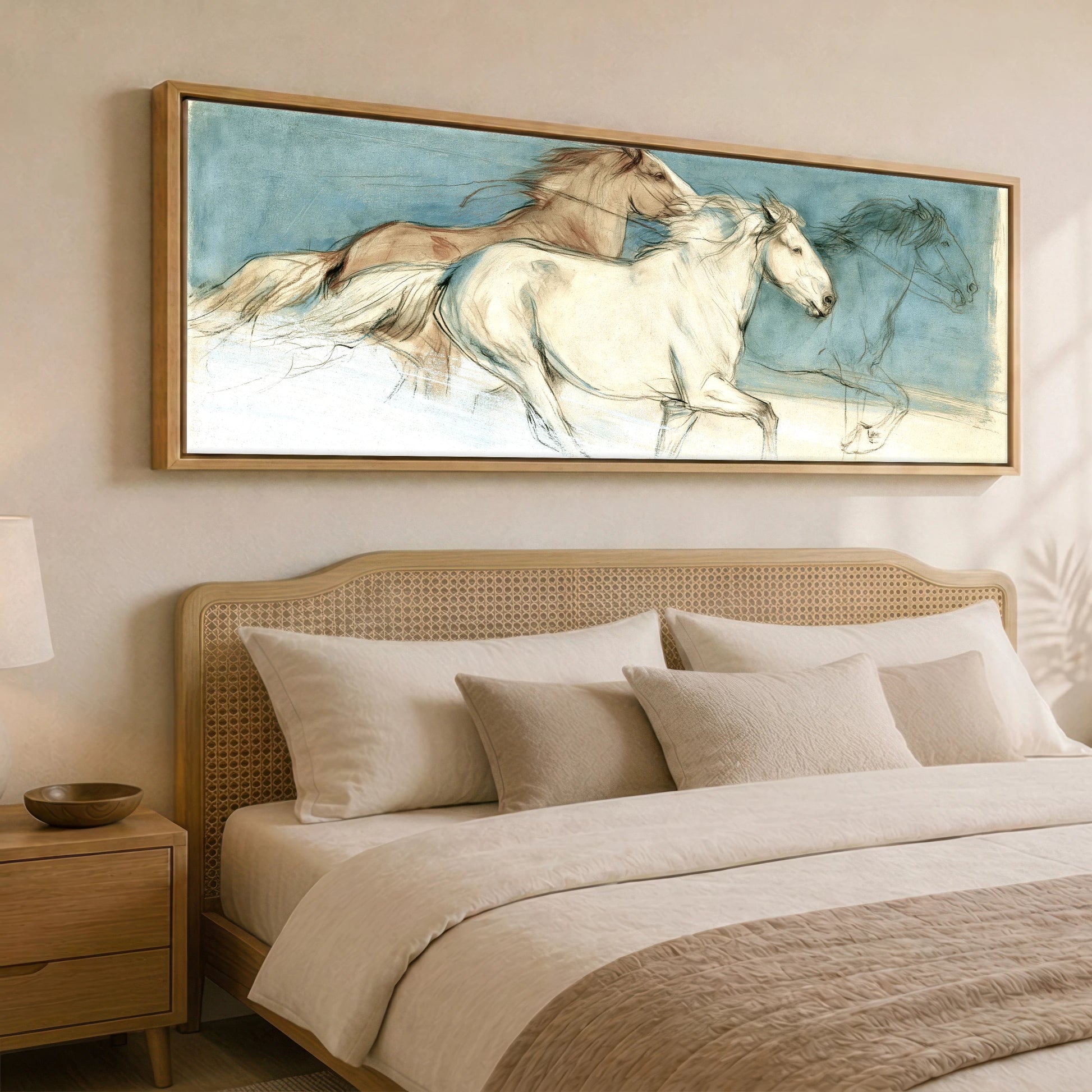 Teal Wash Gallop Study Horse Landscape panoramic canvas wall art displayed above a bed