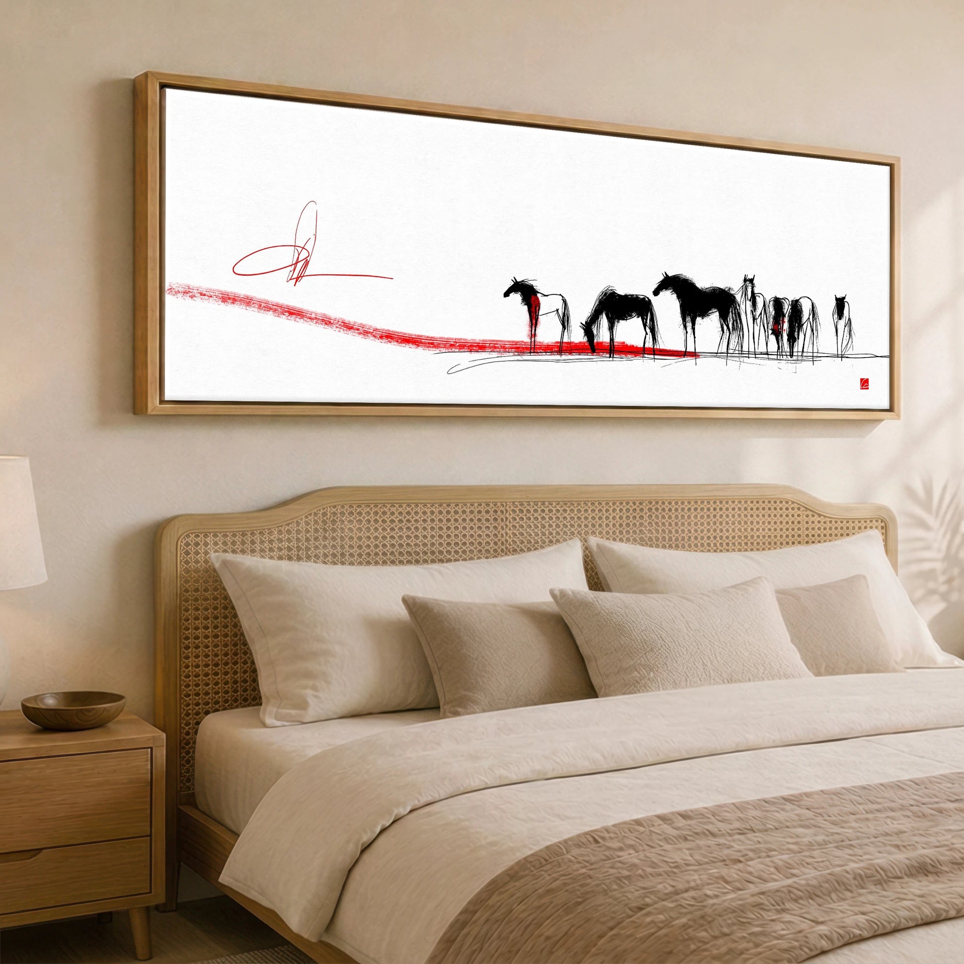 Crimson Horizon Herd Wild Horses panoramic canvas wall art displayed above a bed