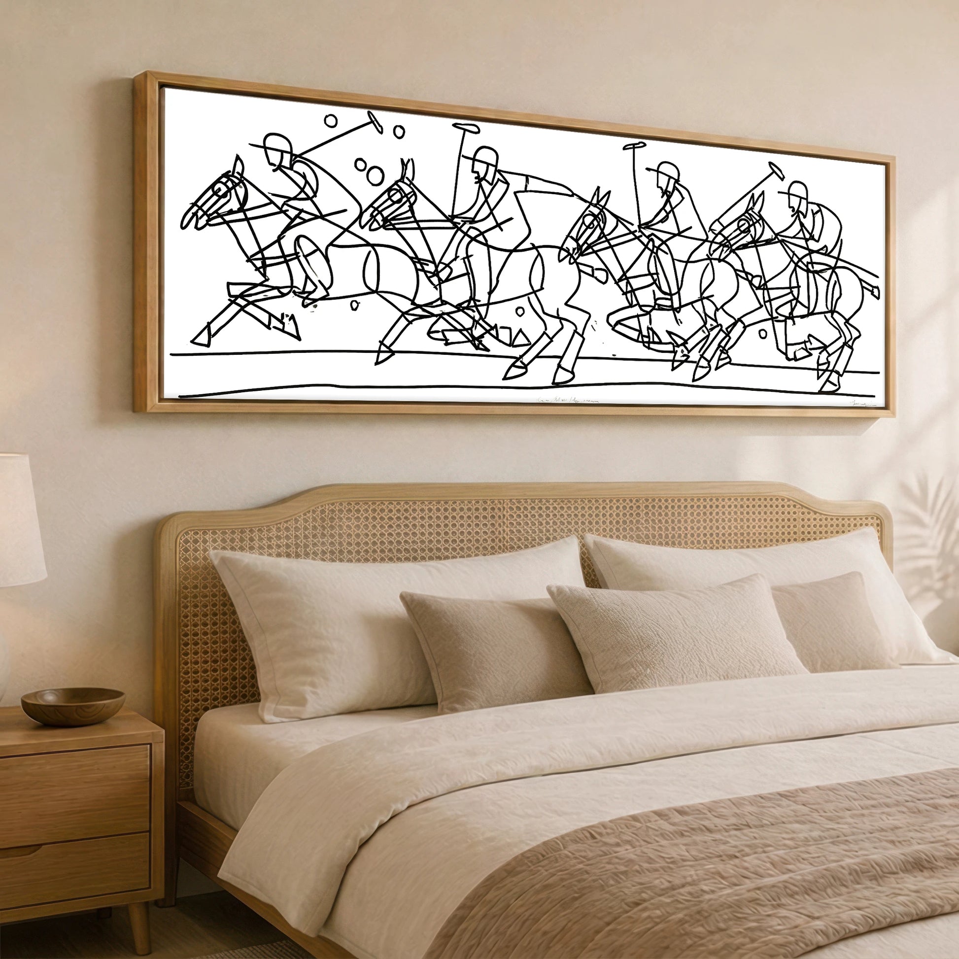 The Polo Line Polo Horse panoramic canvas wall art displayed above a bed