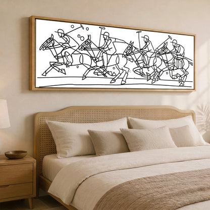 The Polo Line Polo Horse panoramic canvas wall art displayed above a bed