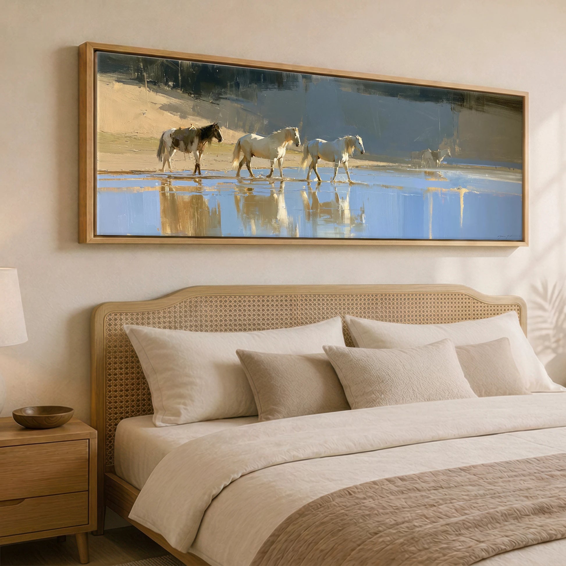 Sunlit Shallows Horse Landscape panoramic canvas wall art displayed above a bed