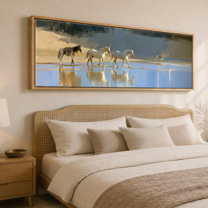 Sunlit Shallows Horse Landscape panoramic canvas wall art displayed above a bed