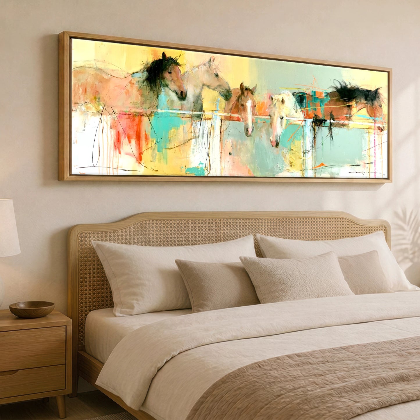 Over the Rail Horse Stable panoramic canvas wall art displayed above a bed