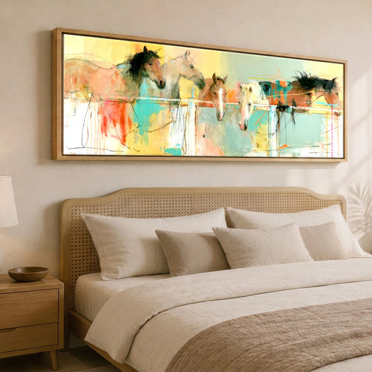 Over the Rail Horse Stable panoramic canvas wall art displayed above a bed