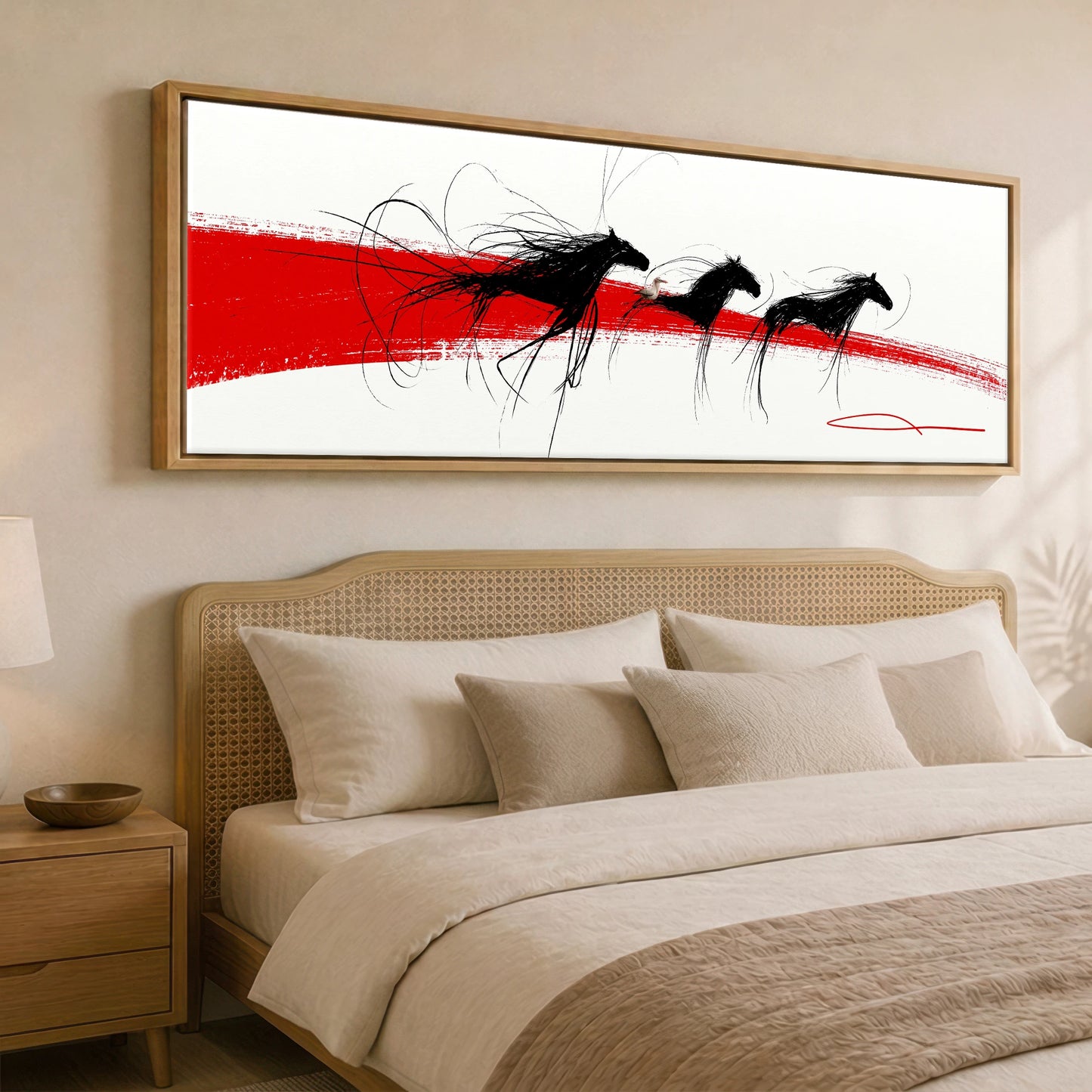 The Crimson Gallop Wild Horses panoramic canvas wall art displayed above a bed