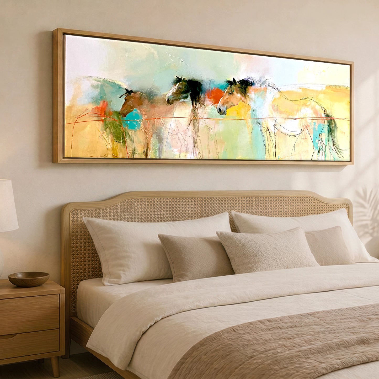 Expressive Equine Horizon Horse Landscape panoramic canvas wall art displayed above a bed
