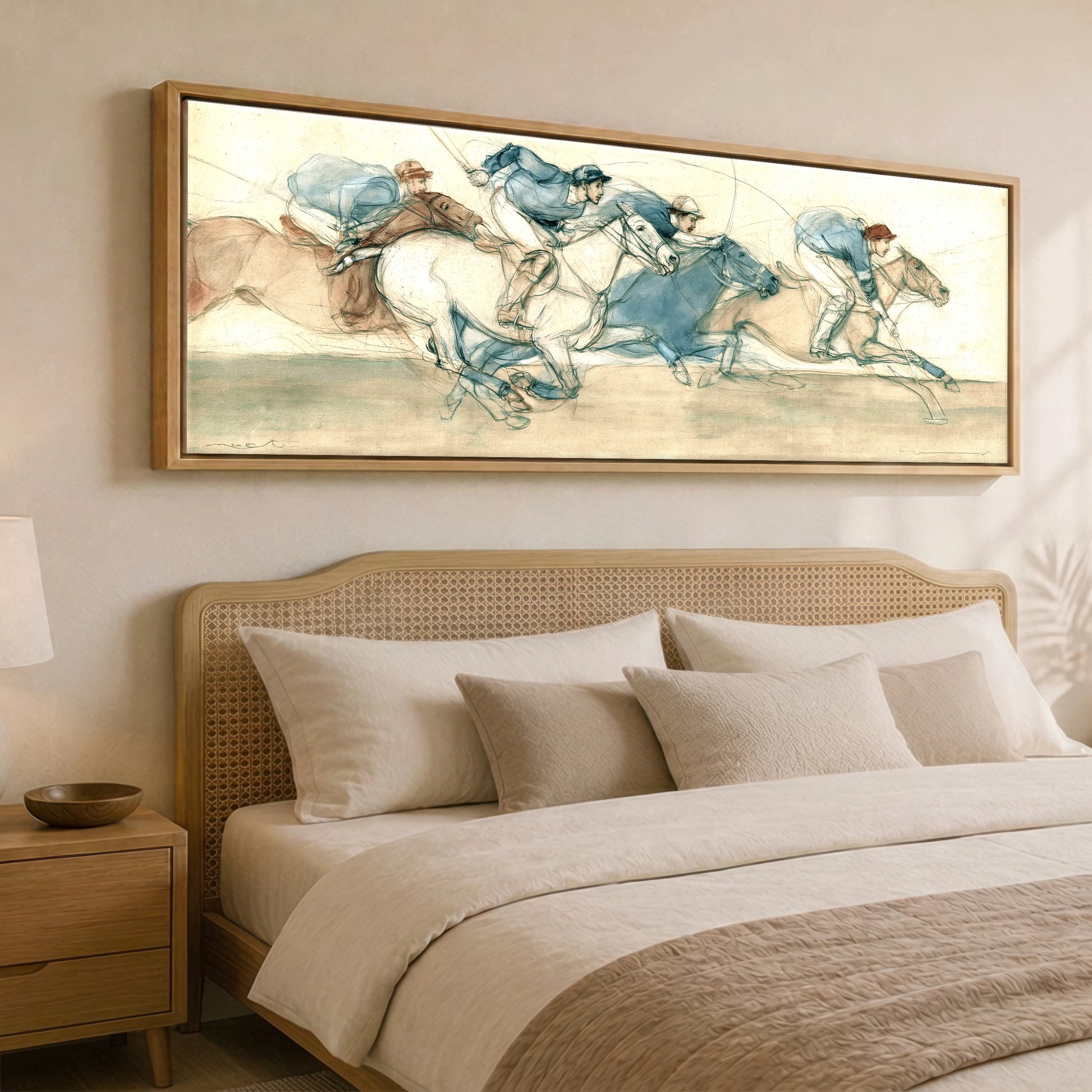 The Polo Sequence Polo Horse panoramic canvas wall art displayed above a bed