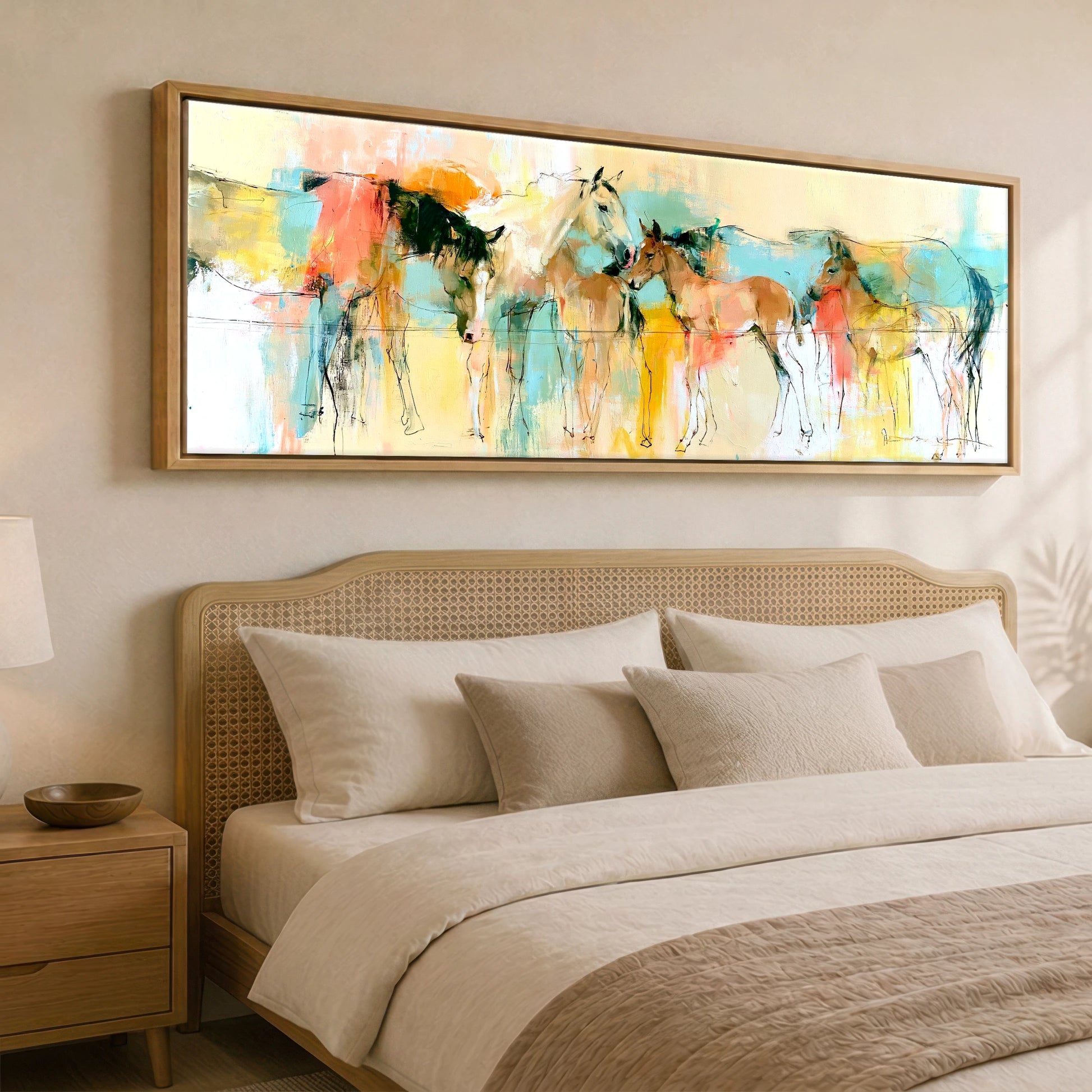 Vibrant Pasture Companions Mare & Foal panoramic canvas wall art displayed above a bed