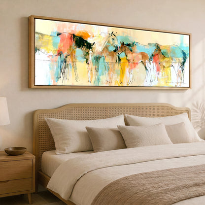 Vibrant Pasture Companions Mare & Foal panoramic canvas wall art displayed above a bed