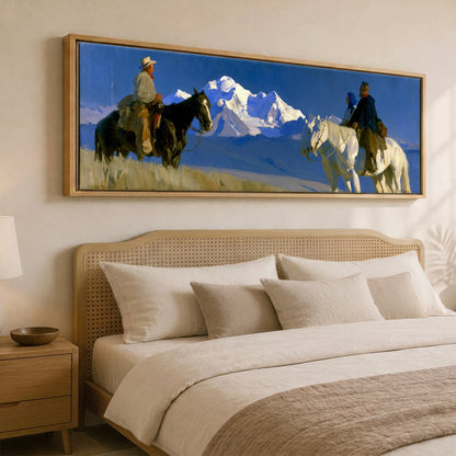 High Country Journey Horse Landscape panoramic canvas wall art displayed above a bed