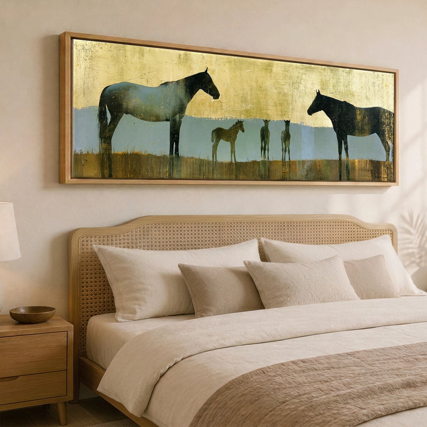Gilded Pastures Mare & Foal panoramic canvas wall art displayed above a bed