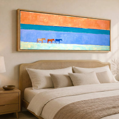 Horizon Wanderers Beach Horse panoramic canvas wall art displayed above a bed