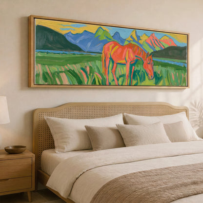 Vibrant Mountain Pasture Horse Landscape panoramic canvas wall art displayed above a bed