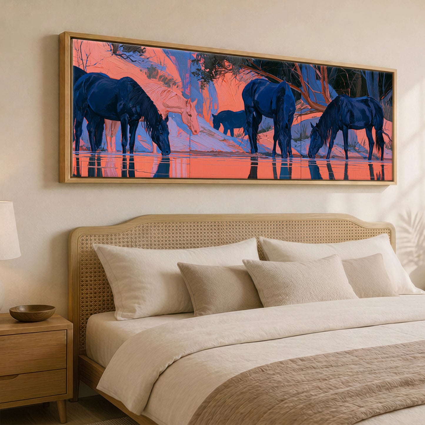 Indigo Herd in Winter Light Wild Horses panoramic canvas wall art displayed above a bed