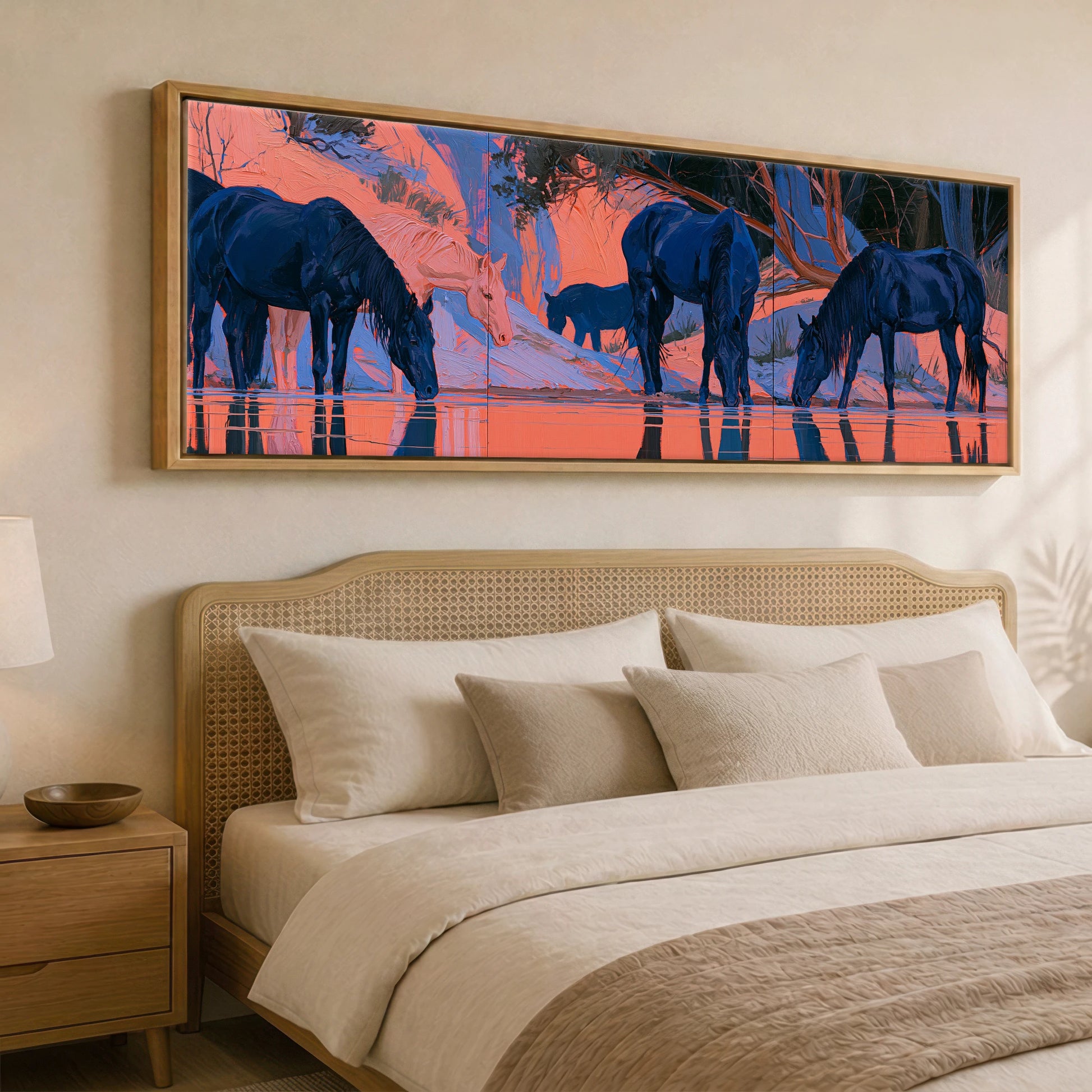 Indigo Herd in Winter Light Wild Horses panoramic canvas wall art displayed above a bed