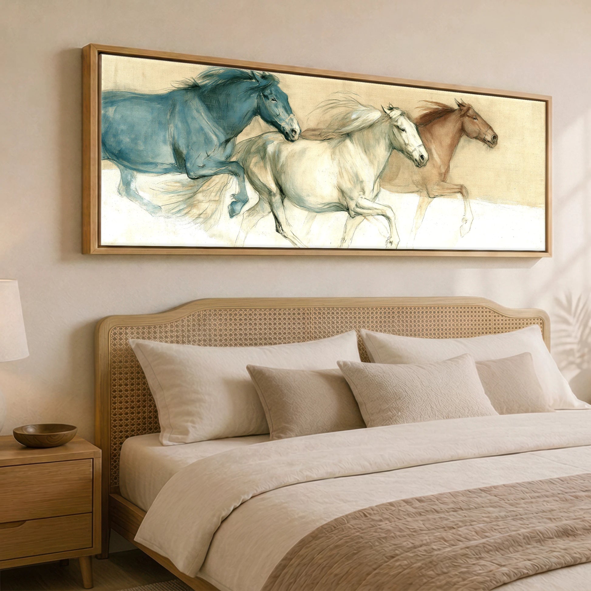 The Three Strides Horse Landscape panoramic canvas wall art displayed above a bed
