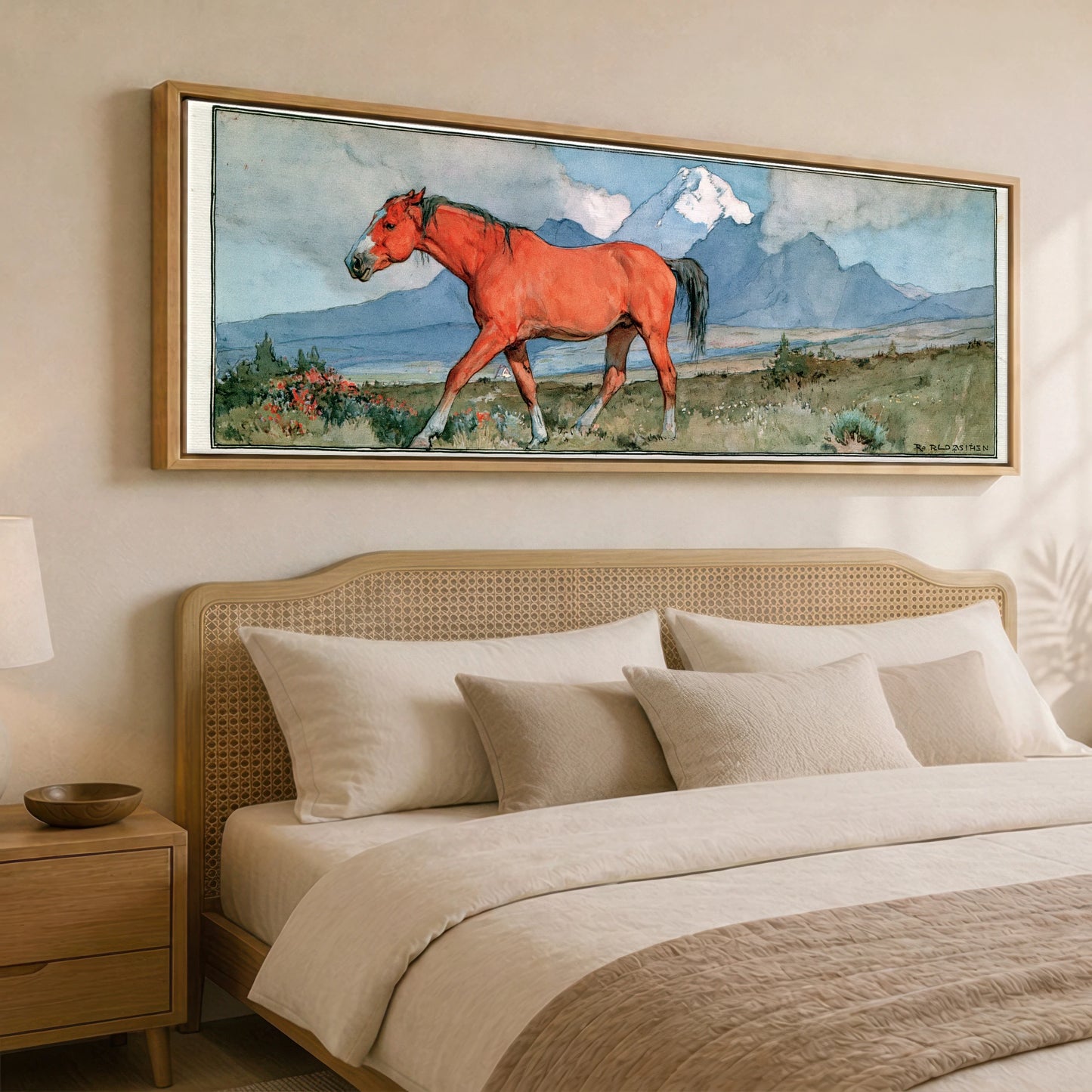 Mountain Wanderer Horse Landscape panoramic canvas wall art displayed above a bed