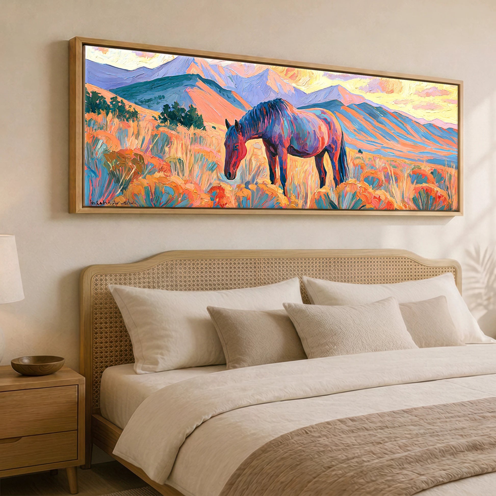 Vibrant Painted Pasture Horse Landscape panoramic canvas wall art displayed above a bed