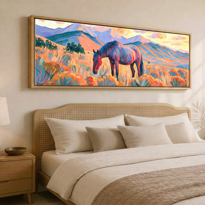 Vibrant Painted Pasture Horse Landscape panoramic canvas wall art displayed above a bed