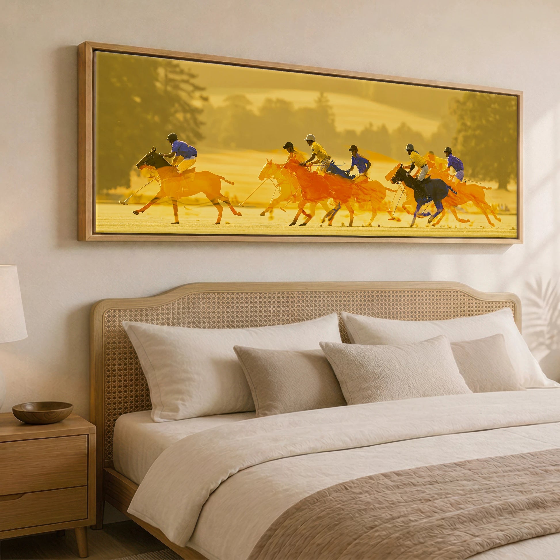 The Amber Chukka Polo Horse panoramic canvas wall art displayed above a bed